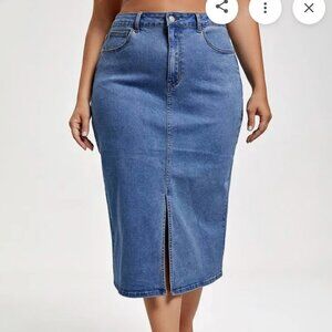 Prettylittlething Plus midi blue wash split front denim midi skirt